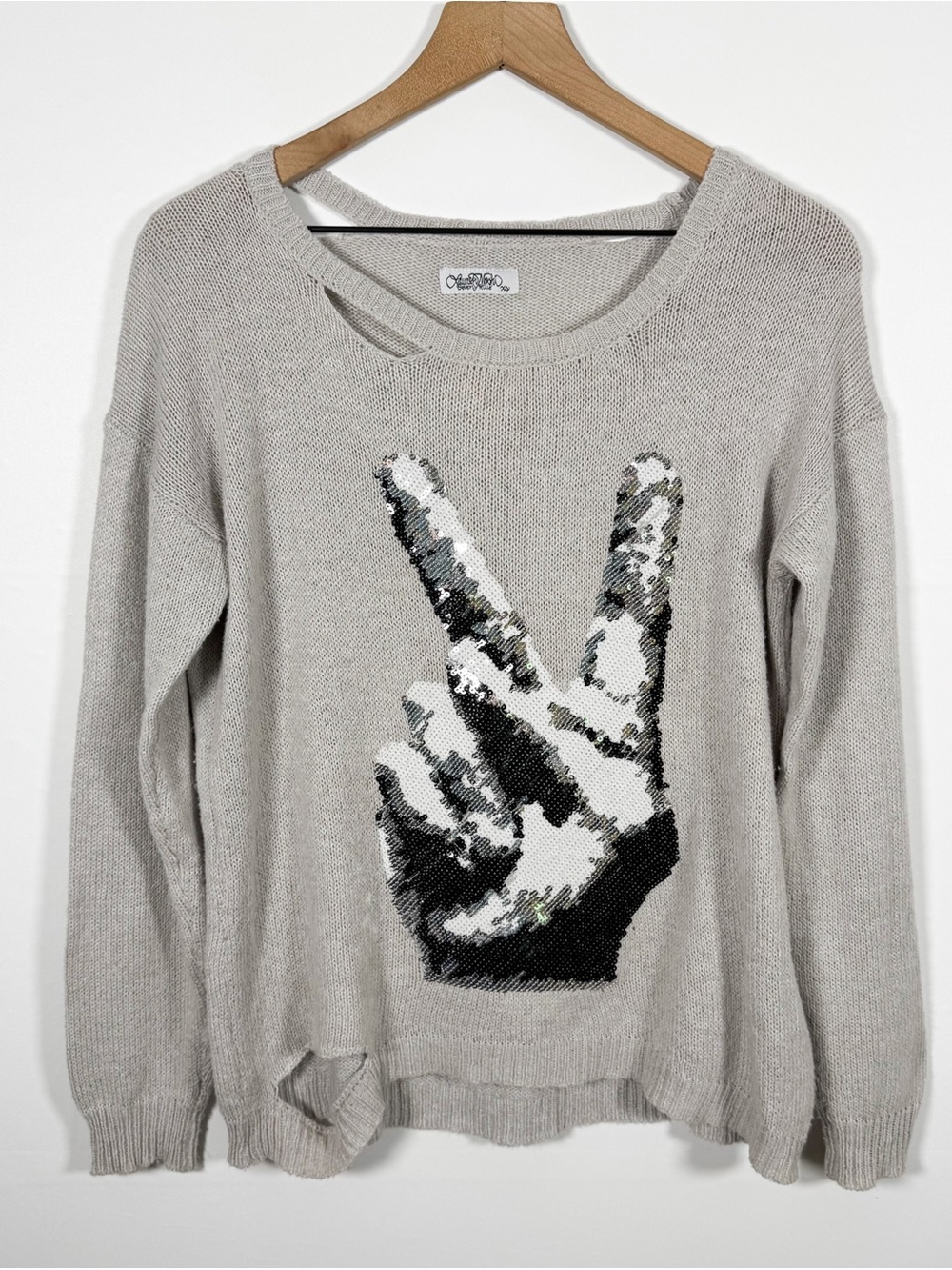 LAUREN MOSHI Peace Sign Sequined Gray Distressed Scoop Neck Oversized Sweater XS